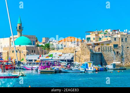 Boote anlegen im alten Hafen von Akko/Akko, Israel Stockfoto