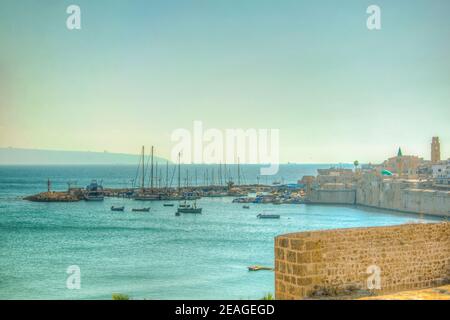 Boote anlegen im alten Hafen von Akko/Akko, Israel Stockfoto