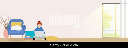 Eine Frau, die zu Hause arbeitet. Sie hat viel Arbeit, die Katze schläft auch. Frau, die mit einem Laptop an ihrem Schreibtisch arbeitet und UI und ux testet. Vektor Stock Vektor