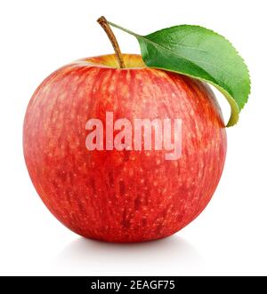 Einzelne reife rote Apfelfrucht mit grünem Blatt isoliert auf Weißer Hintergrund mit Beschneidungspfad Stockfoto