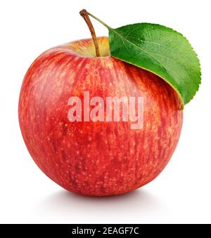 Eine reife rote Apfelfrucht mit grünem Blatt isoliert auf Weißer Hintergrund mit Beschneidungspfad Stockfoto