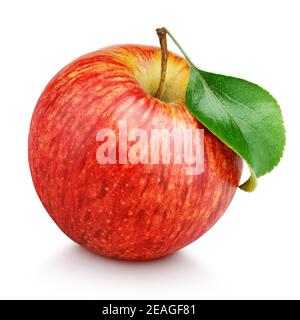 Eine reife rote Apfelfrucht mit grünem Blatt isoliert auf Weißer Hintergrund mit Beschneidungspfad Stockfoto