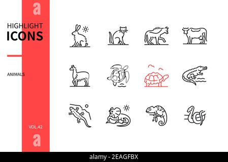 Tiere Sammlung - Linie Design Stil Symbole gesetzt. Bilder von Haustieren, Bauernhof und Amphibien. Hase, Katze, Hyäne, Kuh, Lama, Schildkröte, Krokodil, liza Stock Vektor