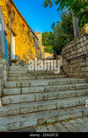 Blick auf die steile Treppe in Tsfat/Safed, Israel Stockfoto