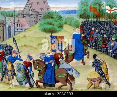 Der Tod von Wat Tyler, Walter 'Wat' Tyler (1341 – 1381) Führer des Bauernaufstandes von 1381 in England. Er marschierte eine Gruppe von Rebellen von Canterbury nach London, um sich gegen die Einführung einer Umfragesteuer zu wehren und wirtschaftliche und soziale Reformen zu fordern. Während die kurze Rebellion genossen frühen Erfolg, Tyler wurde von Offizieren loyal zu König Richard II während der Verhandlungen in Smithfield, London getötet. Stockfoto