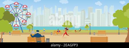 Stadtpark mit schöner Landschaft. Gaming-Kinder, Lauffrau und sitzende alte Familie. Kinder spielen gerne zusammen. Sommeraktivitäten. Isoliert Stock Vektor