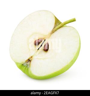 Reife grüne Apfel halb Frucht isoliert auf weißem Hintergrund. Die Hälfte der grünen Apfelfrucht mit Schneideweg Stockfoto
