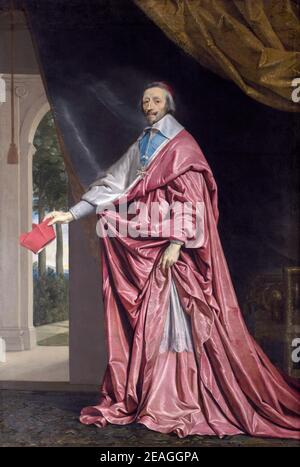 Kardinal Richelieu, Kardinal Richelieu, Armand Jean du Plessis, Herzog von Richelieu (1585 – 1642), Kardinal Richelieu, Kardinal Richelieu, französischer Geistlicher und Staatsmann. Porträt von Philippe de Champaigne Stockfoto