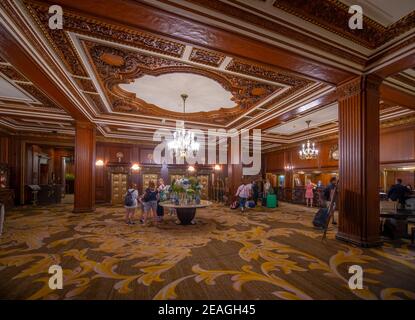 Lobby des Omni Parker House in der 60 School Street in der Innenstadt von Boston, Massachusetts, USA. Stockfoto