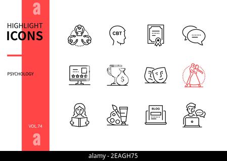 Psychologie Konzept - Linie Design Stil Icons gesetzt. Therapie und Online-Beratung Idee. Gruppe, kognitives Verhalten, Drama, Körper, Kunstmethoden. Zertifikat Stock Vektor