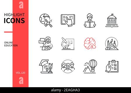 Online-Bildung - Linie Design Stil Symbole gesetzt. E-Learning, Bildungskurse Idee. Entdecken, Bücher, Hausaufgaben, Bibliothek, Unterricht, Forschung, Brainstor Stock Vektor
