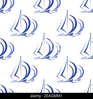 Nahtloses Muster von blauen Segelbooten oder Yachten auf See mit Wowing Segel im quadratischen Format geeignet für nautische Tapete oder Textil Stock Vektor