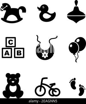 Set von neun verschiedenen schwarz-weißen Baby-Symbole, die ein Schaukelpferd, Ente, Kreisel, abc Blöcke, Lätzchen, Luftballons, Dreirad und Fußabdrücke, ve Stock Vektor