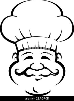 Schwarz und weiß Doodle Skizze eines lächelnden Koch oder baker mit einem großen lockigen Schnurrbart trägt eine traditionelle weiße Haube Stock Vektor