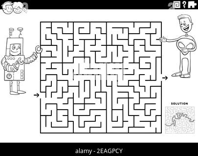 Schwarz und weiß Cartoon Illustration von pädagogischen Labyrinth Puzzle-Spiel Für Kinder mit Jungen auf Kostüm-Party Malbuch Seite Stock Vektor