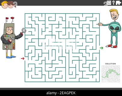 Cartoon Illustration von pädagogischen Labyrinth Puzzle-Spiel für Kinder mit Jungs auf Kostüm-Party Stock Vektor