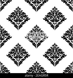 Rautenform florales Arabeske-Motiv in einem wiederholenden Nahtlosmuster In schwarz und weiß im quadratischen Format geeignet für Damast Style Tapete und Textil Stock Vektor