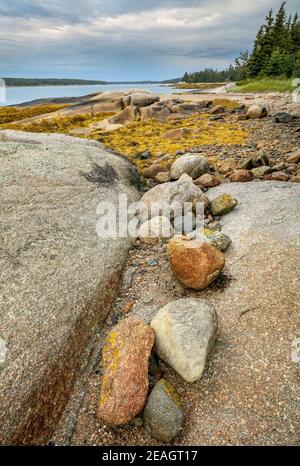 Deer Isle, Maine: Bunte Felsen an der Küste Jericho Bay Stockfoto
