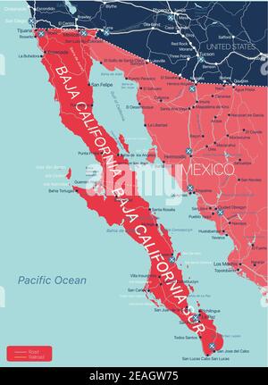 Baja California Region Detaillierte bearbeitbare Karte mit Städten und Städten, Straßen und Eisenbahnen, geografische Standorte. Vector EPS-10-Datei Stock Vektor