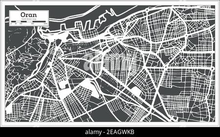 Oran Algerien Stadtplan in Schwarz-Weiß-Farbe im Retro-Stil. Übersichtskarte. Vektorgrafik. Stock Vektor