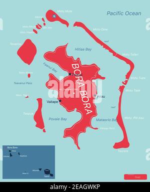 Bora Bora Inseln Detaillierte bearbeitbare Karte mit Regionen Städte und Städte, Straßen und Eisenbahnen, geografische Standorte. Vector EPS-10-Datei Stock Vektor