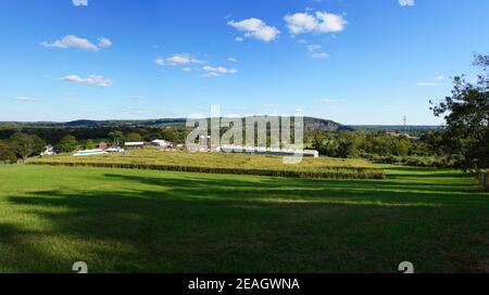 LAMBERTVILLE, NJ –3 Okt 2020- Blick auf das Howell Farm Corn Maze, das am längsten laufende Maislabyrinth in New Jersey im Herbst. Stockfoto