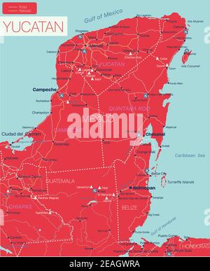Yukatan Halbinsel Detaillierte bearbeitbare Karte mit Regionen Städte und Gemeinden, Straßen und Eisenbahnen, geografische Standorte. Vector EPS-10-Datei Stock Vektor