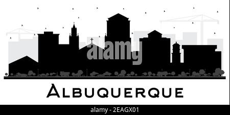 Albuquerque New Mexico City Skyline Silhouette mit schwarzen Gebäuden isoliert auf Weiß. Vektorgrafik. Albuquerque USA Stadtbild mit Wahrzeichen. Stock Vektor