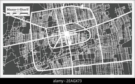 Mazar-i-Sharif Afghanistan Stadtplan in Schwarz-Weiß-Farbe im Retro-Stil. Übersichtskarte. Vektorgrafik. Stock Vektor