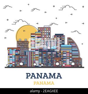 Umrisse Panama City Skyline mit Farbe Gebäude isoliert auf Weiss. Vector Illustration. Panama Stadt mit Sehenswürdigkeiten. Stock Vektor