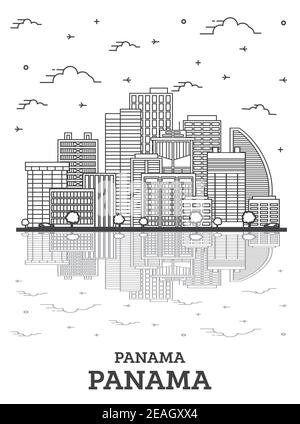 Umrisse Panama City Skyline mit modernen Gebäuden und Reflexionen isoliert auf Weiss. Vector Illustration. Panama Stadt mit Sehenswürdigkeiten. Stock Vektor