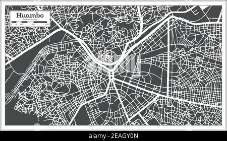Huambo Angola Stadtplan in Schwarz und Weiß im Retro-Stil. Übersichtskarte. Vektorgrafik. Stock Vektor