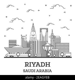 Umrisse Riyadh Saudi Arabien Skyline der Stadt mit modernen Gebäuden isoliert auf Weiss. Vector Illustration. Riad Stadtbild mit Sehenswürdigkeiten. Stock Vektor