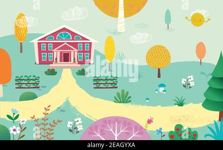 Illustration von leerem Hof und Schule. Der Weg zur Schule. Sommer Kinder Landschaft mit den Bäumen, Blumen, Pilze und Pflanzen. Stock Vektor