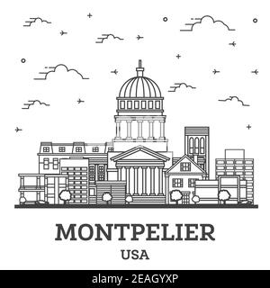 Umreißen Sie die Skyline von Montpelier Vermont City mit modernen Gebäuden, die auf White isoliert sind. Vektorgrafik. Montpelier USA Stadtbild mit Wahrzeichen. Stock Vektor