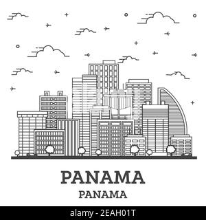 Umrisse Panama City Skyline mit modernen Gebäuden isoliert auf Weiss. Vector Illustration. Panama Stadt mit Sehenswürdigkeiten. Stock Vektor