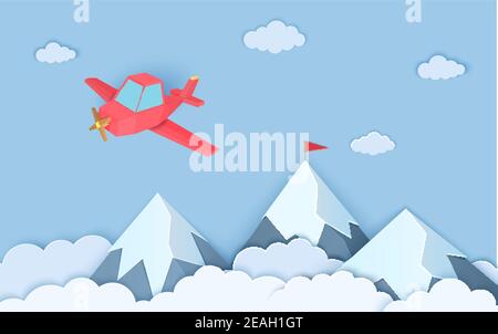 Bergluftebene in Papierschnitt-Stil. Landschaft mit Wolken von drei schneebedeckten Bergen und einer fliegenden roten Ebene. Vektor Origami polygonal Stock Vektor