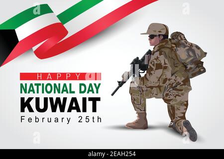 Illustration des 25th. Februar Hintergrund für Happy National Day von Kuwait. Ein Soldat mit Waffe und Flagge. Vektorgrafik. Stock Vektor