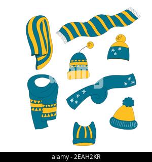 Set mit Winteraccessoires: Hüte und Schals. Cute Vektor Winter warm gestrickte Kleidung Kollektion im Cartoon-Stil. Vektorgrafik Weihnachten Stock Vektor