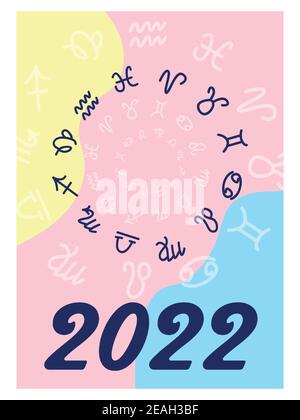 Astronomisches, Sternenhimmel, minimalistisches und modernes Kalenderdesign 2022 mit Sternzeichen. Die Woche beginnt am Sonntag. Name des Monats in 3 Sprachen: Englisch, Stock Vektor
