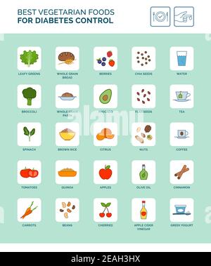 Best vegetarian foods for diabetes: disease prevention and healthy diet concept Stock Vektor
