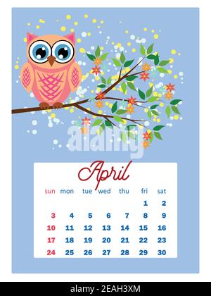 Kalender 2022. Niedliche Eulen und Vögel für jeden Monat. Wandkalender für 2022 beginnt die Woche am Sonntag. A4-Format. Stock Vektor