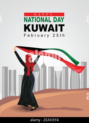 Kuwait Mädchen winken Flagge ihre Hände. 25th November Happy National Day Feier Konzept. Kann als Poster oder Banner-Design verwendet werden. vektor-Illustration. Stock Vektor