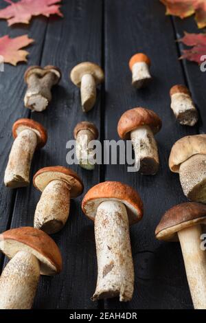Stillleben im Herbst. Rohe Steinpilze (Boletus edulis) perspektivisch auf verbrannten schwarzen Brettern Copyspace Stockfoto