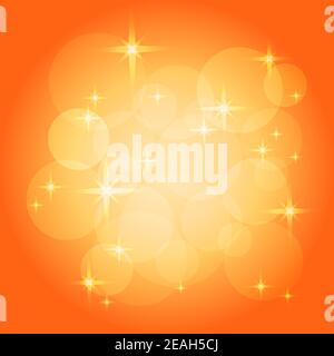 Sonniger orangefarbener Hintergrund. Vektor-Muster von Bokeh, funkelt und Sterne. Farbverlauf hellrot, gelb, weiß. Abstraktes Design. Vorlage für den Sommer. EPS10 Stock Vektor