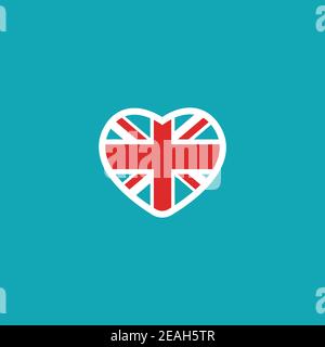 Herzblase mit englischer Flagge isoliert auf blauem Hintergrund. Vektor flache Symbol. Kommunikation, Bildung Bild. Symbol „Lernen, Sprache lernen“. Stock Vektor