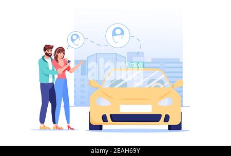 Flat Cartoon Familie Charaktere bestellen Taxi, Vektor Illustration Konzept Stock Vektor