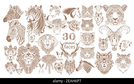 Set of animal faces. Graphic muzzles of animals. Vector illustration Stock Vektor