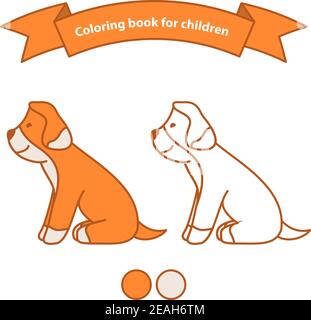 Happy Dog sitzt Malbuch für Kinder. Umrissene Kritzeleien. Flachvektor. Stock Vektor