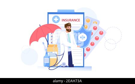 Flat Cartoon Arzt Charakter bietet medizinische Versicherung, Gesundheitsversorgung Vektor Illustration Konzept Stock Vektor
